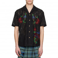 Andersson Bell Flower Mushroom Embroidery Open Collar Shirts BLACK